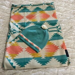 Pendleton Teal and Coral Baby Blanket and Hat Set